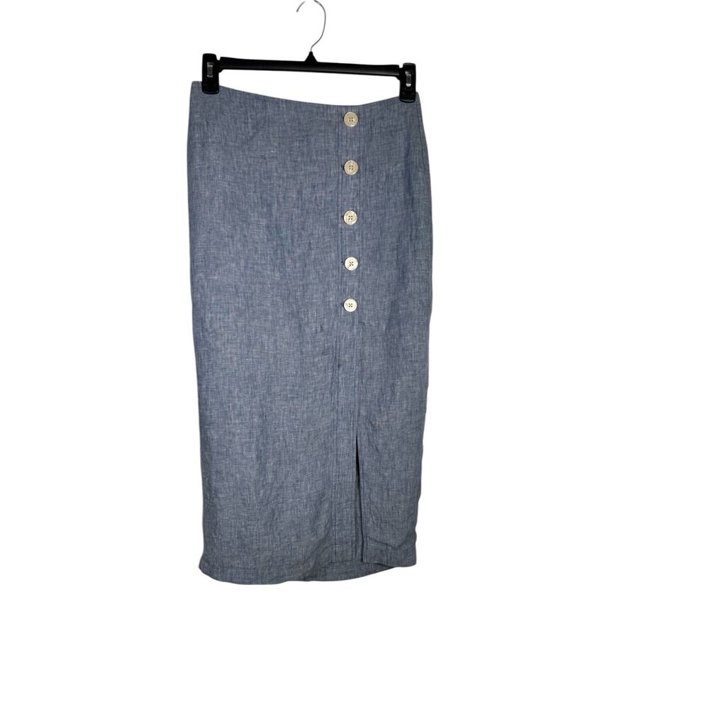 LOFT Linen Midi Skirt Size 2 Blue Botton Front Slit Summer Coastal Minimalist - Picture 3 of 12